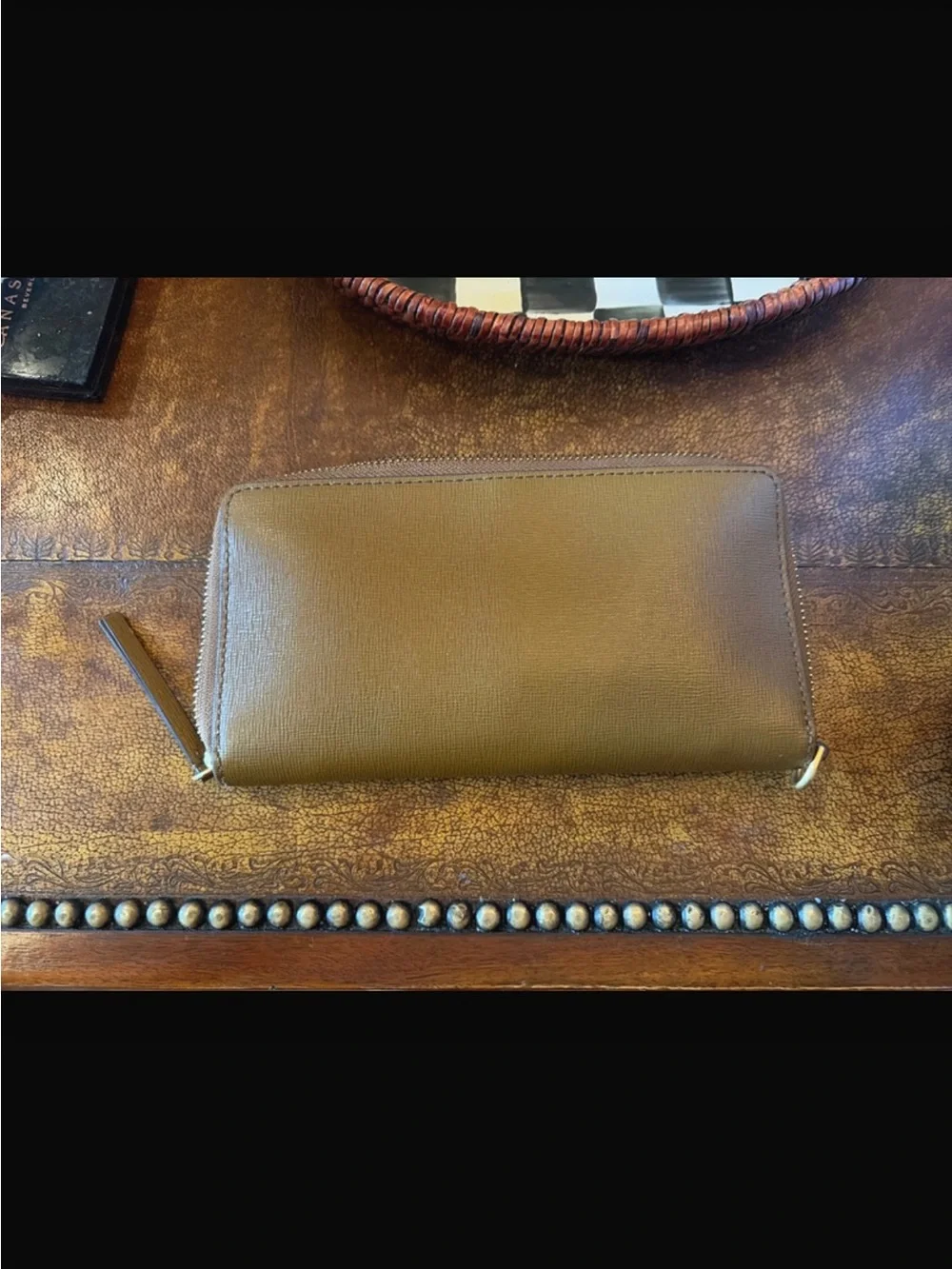Tory Burch Brown Zip-Around Saffiano Wallet with Gold Logo